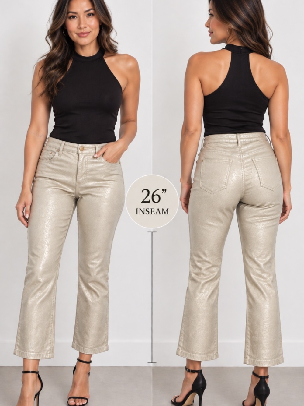 KUT from the Kloth Kelsey High Rise Fab Ab Ankle Flare Coated Jeans in Champagne